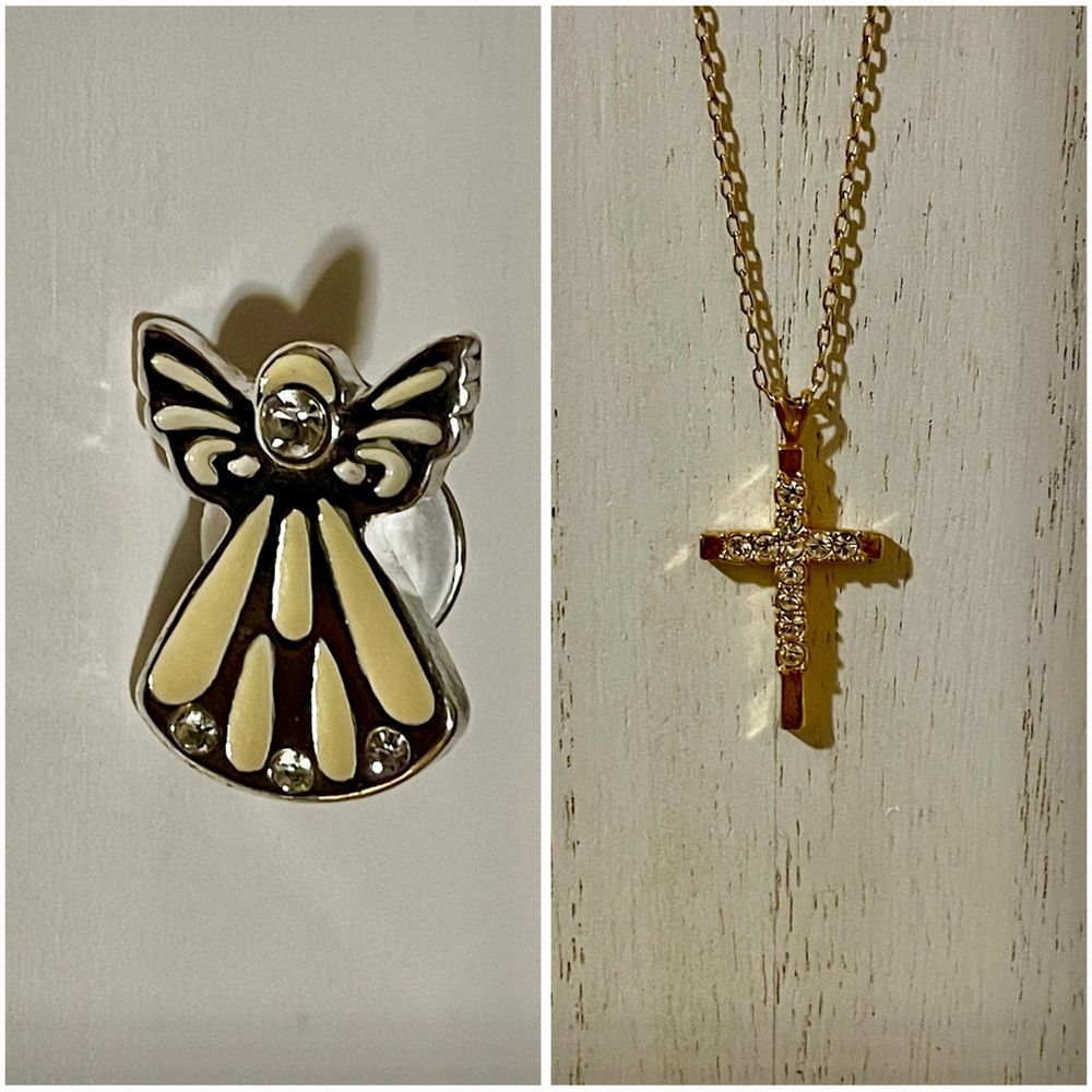 Gold Faith Cross Pendant Necklace + Guardian Angel Pin